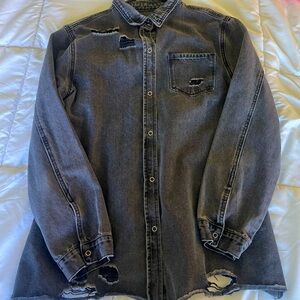 Boutique Distressed Snap-Button Denim Jacket - Black